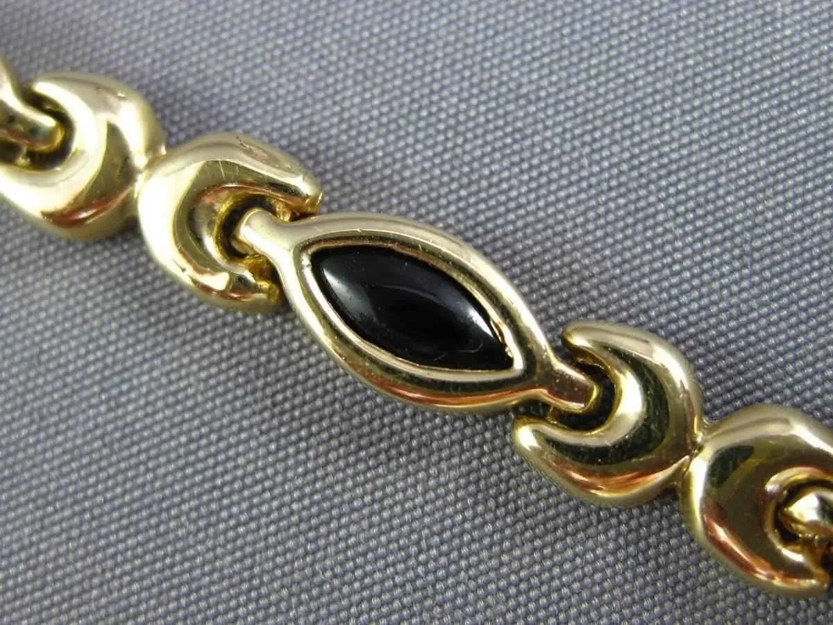 ESTATE 14KT YELLOW GOLD 3D BLACK ONYX MARQUISE HANDCRAFTED LINK LOVE BRACELET