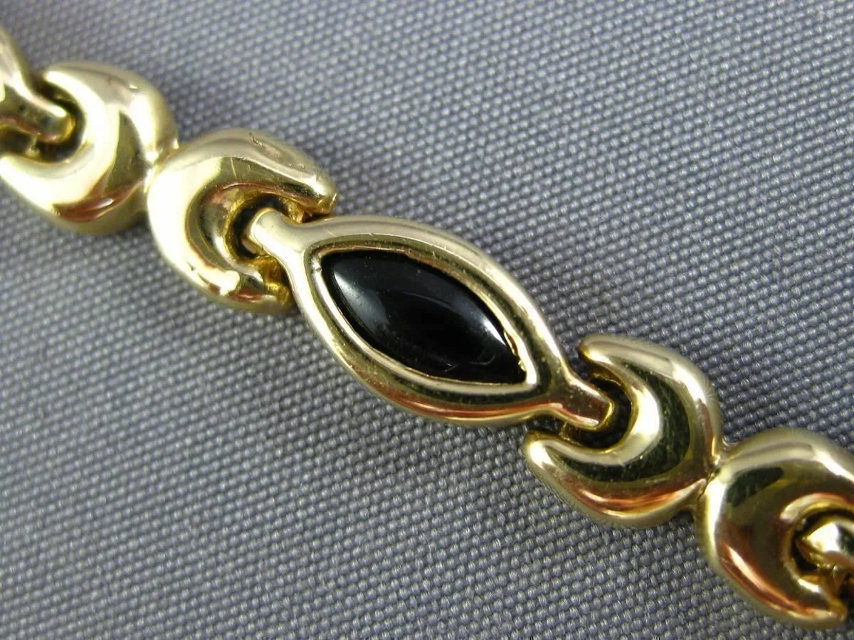 ESTATE 14KT YELLOW GOLD 3D BLACK ONYX MARQUISE HANDCRAFTED LINK LOVE BRACELET
