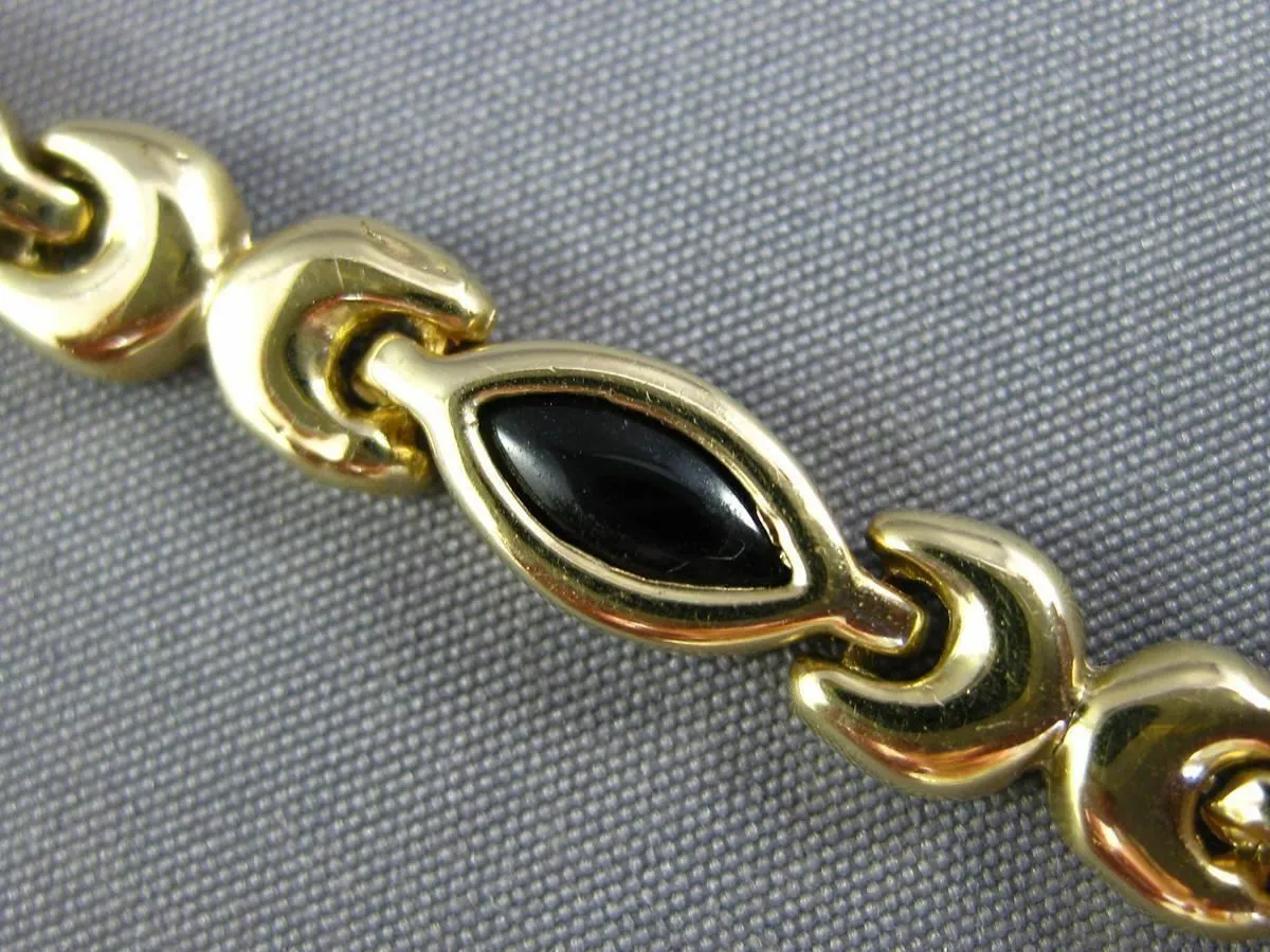 ESTATE 14KT YELLOW GOLD 3D BLACK ONYX MARQUISE HANDCRAFTED LINK LOVE BRACELET