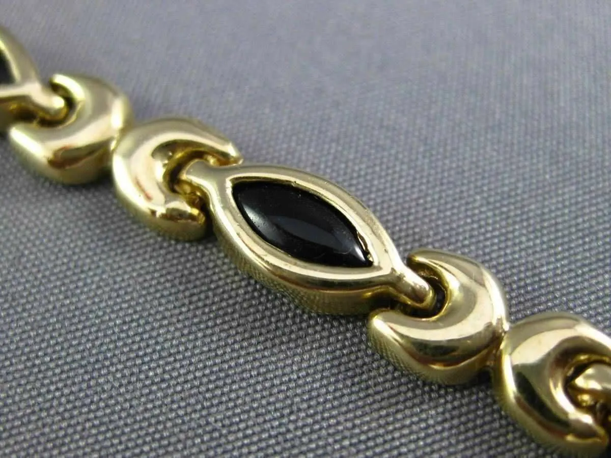 ESTATE 14KT YELLOW GOLD 3D BLACK ONYX MARQUISE HANDCRAFTED LINK LOVE BRACELET
