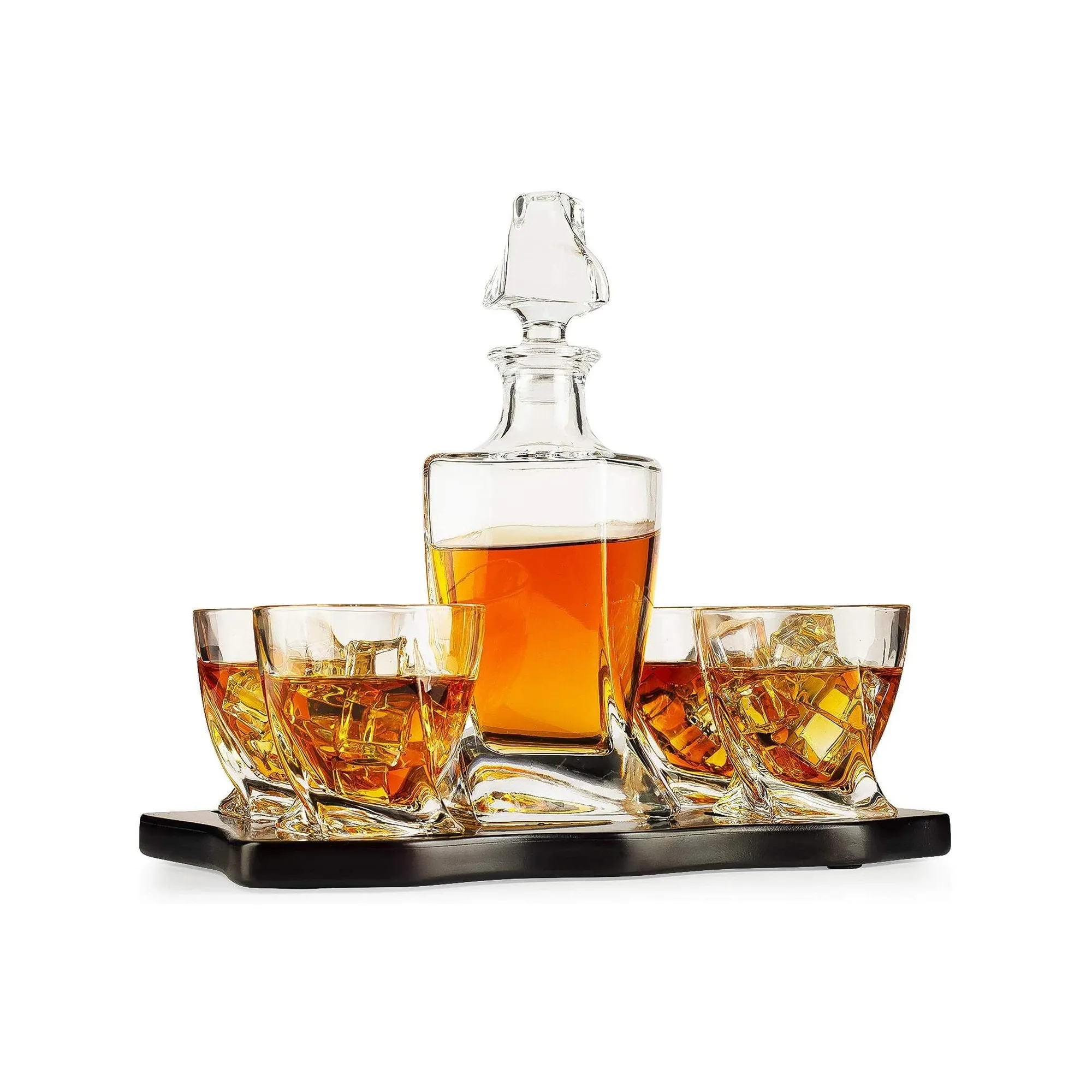European Style Whiskey and Wine Twist Spiral Decanter with 4 Glasses and Wood Tray