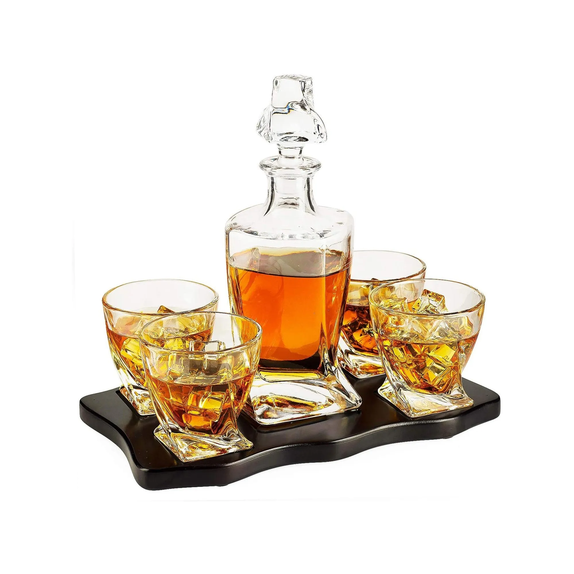 European Style Whiskey and Wine Twist Spiral Decanter with 4 Glasses and Wood Tray