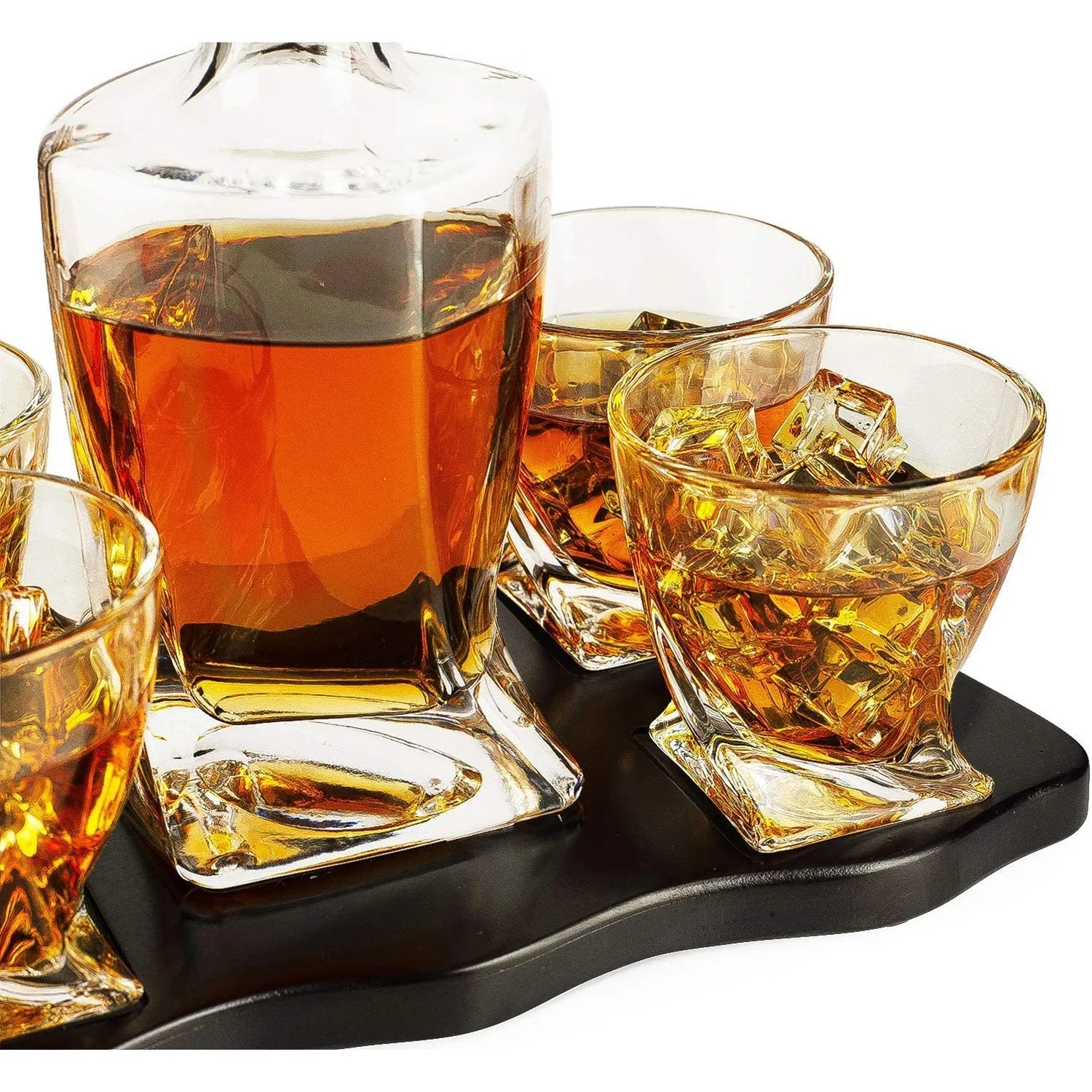 European Style Whiskey and Wine Twist Spiral Decanter with 4 Glasses and Wood Tray