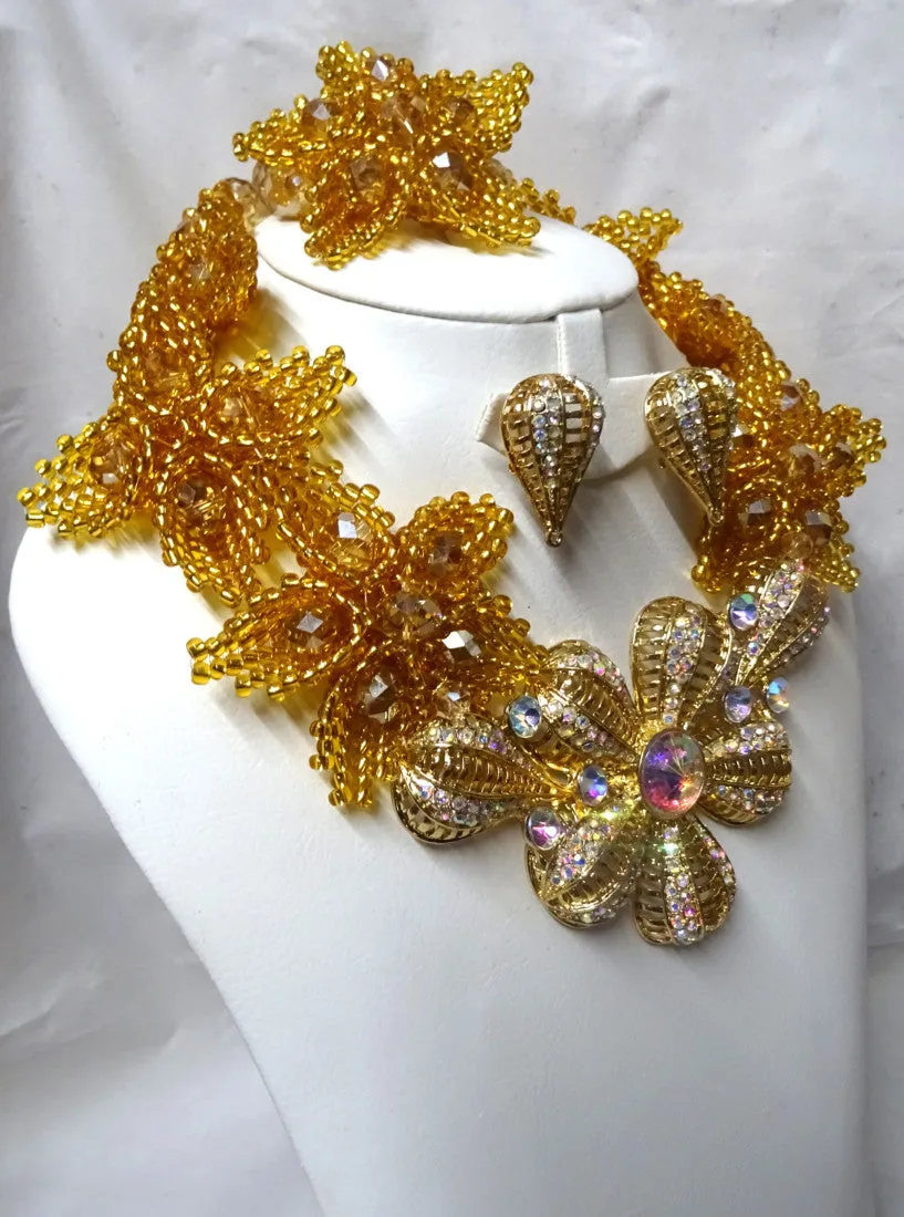 Exclusive Champagne Gold Flower Full Tulip Beautiful Brooch Wedding Beads Design Party Jewellery Set