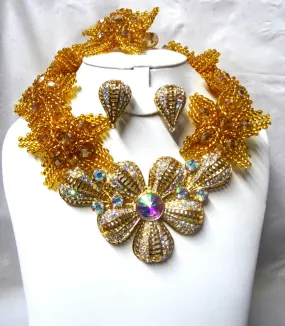 Exclusive Champagne Gold Flower Full Tulip Beautiful Brooch Wedding Beads Design Party Jewellery Set