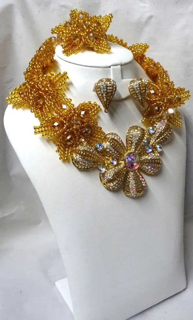 Exclusive Champagne Gold Flower Full Tulip Beautiful Brooch Wedding Beads Design Party Jewellery Set
