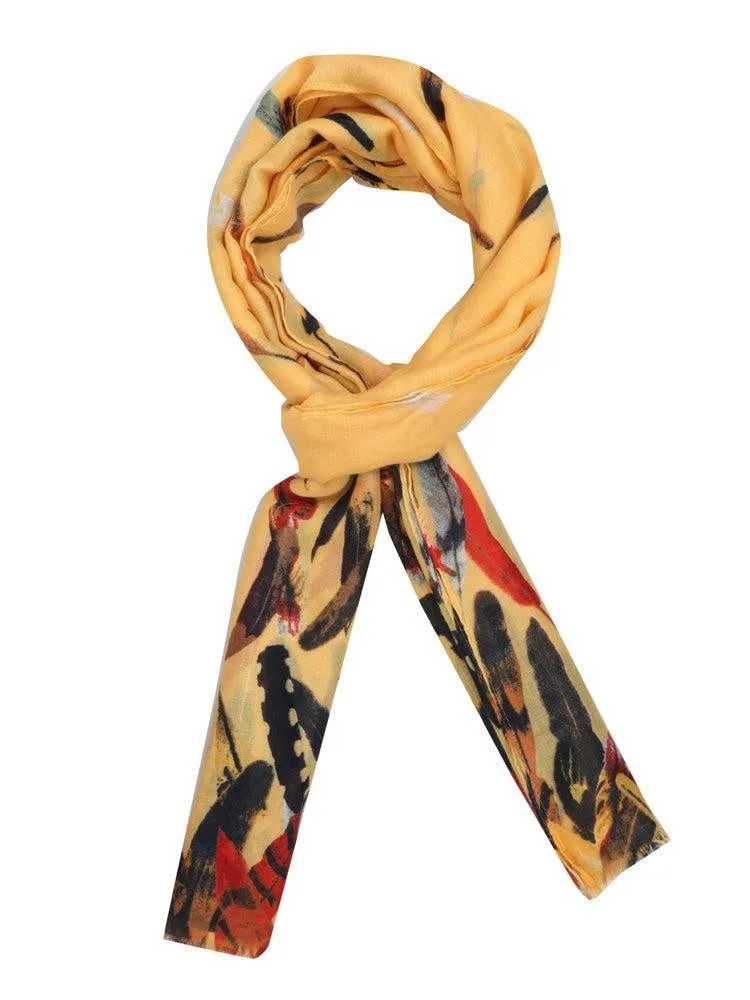 FabSeasons Yellow Abstract feathers Printed Cotton Scarf