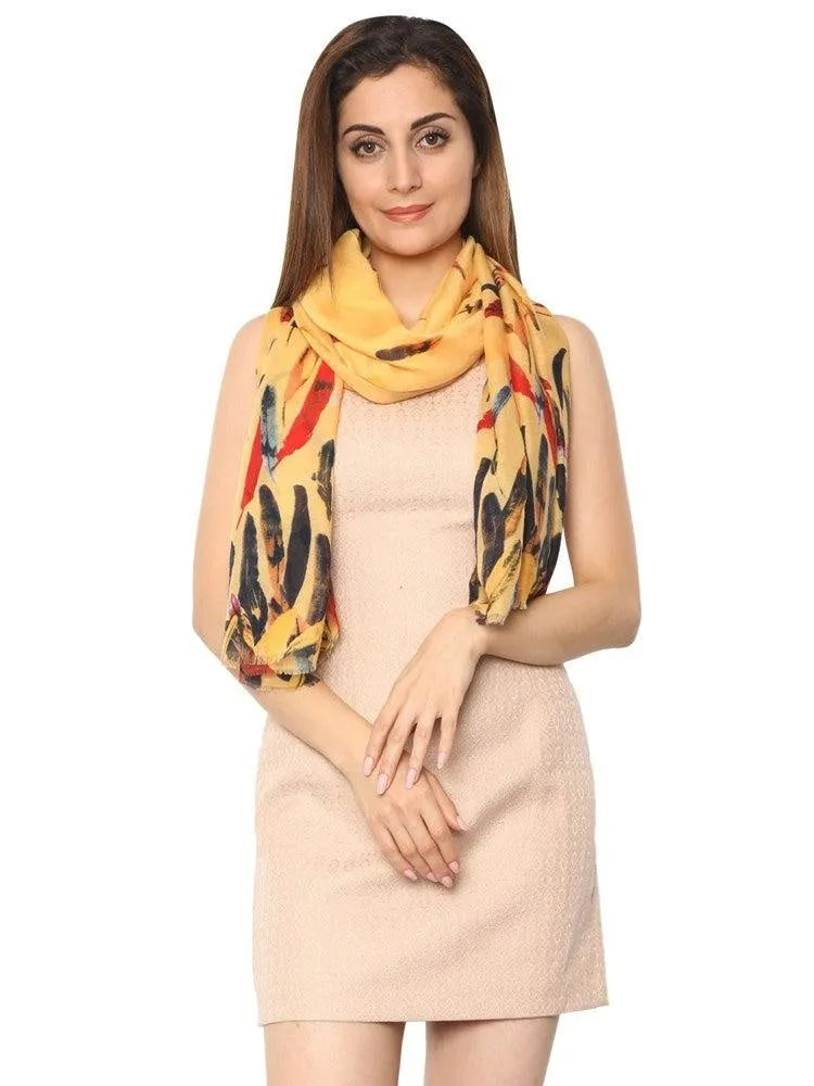 FabSeasons Yellow Abstract feathers Printed Cotton Scarf