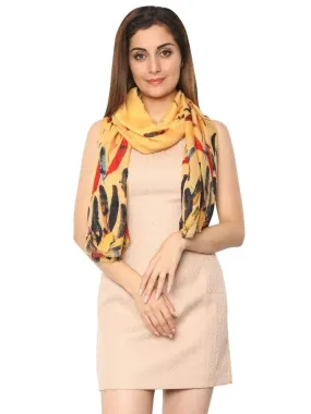 FabSeasons Yellow Abstract feathers Printed Cotton Scarf