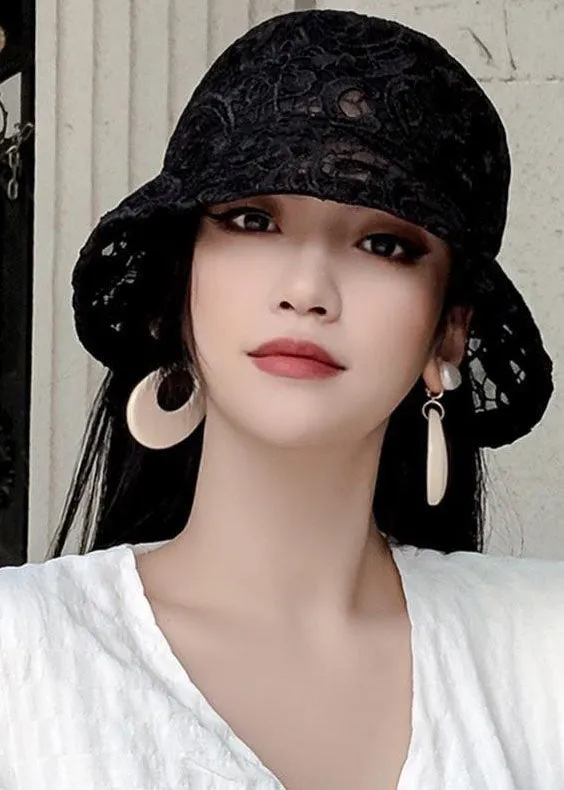 Fashion Black Hollow Out Floral Lace Bucket Hat LC0545