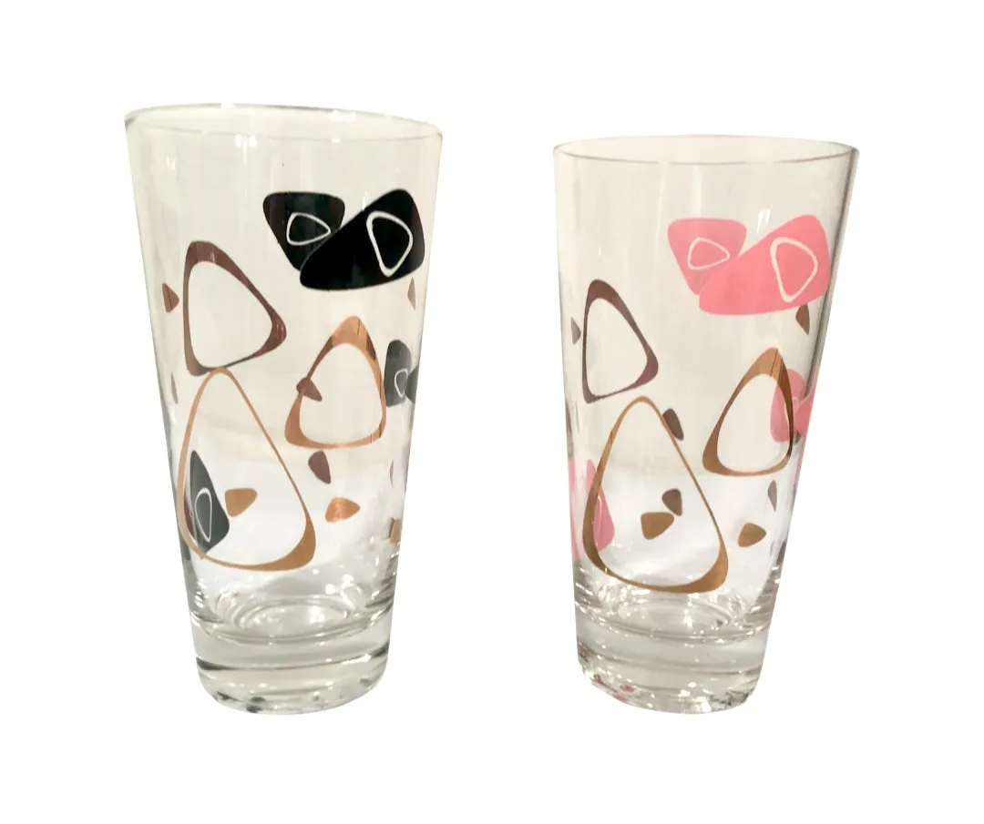Federal Glass Mid-Century Black and Pink 22-Karat Gold Amoeba Boomerang Atomic Highball Glasses (Set of 2)