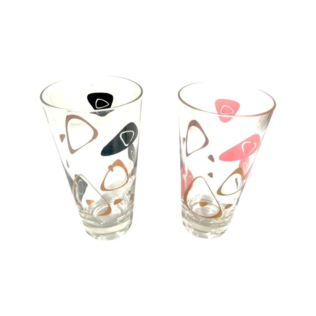 Federal Glass Mid-Century Black and Pink 22-Karat Gold Amoeba Boomerang Atomic Highball Glasses (Set of 2)