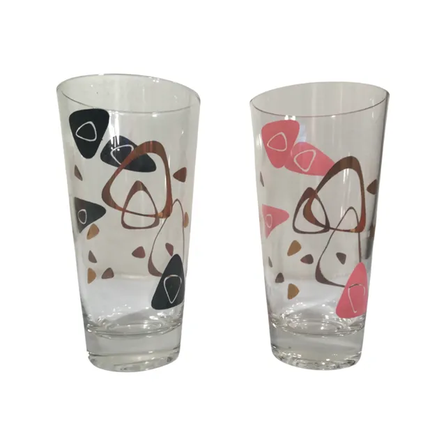 Federal Glass Mid-Century Black and Pink 22-Karat Gold Amoeba Boomerang Atomic Highball Glasses (Set of 2)