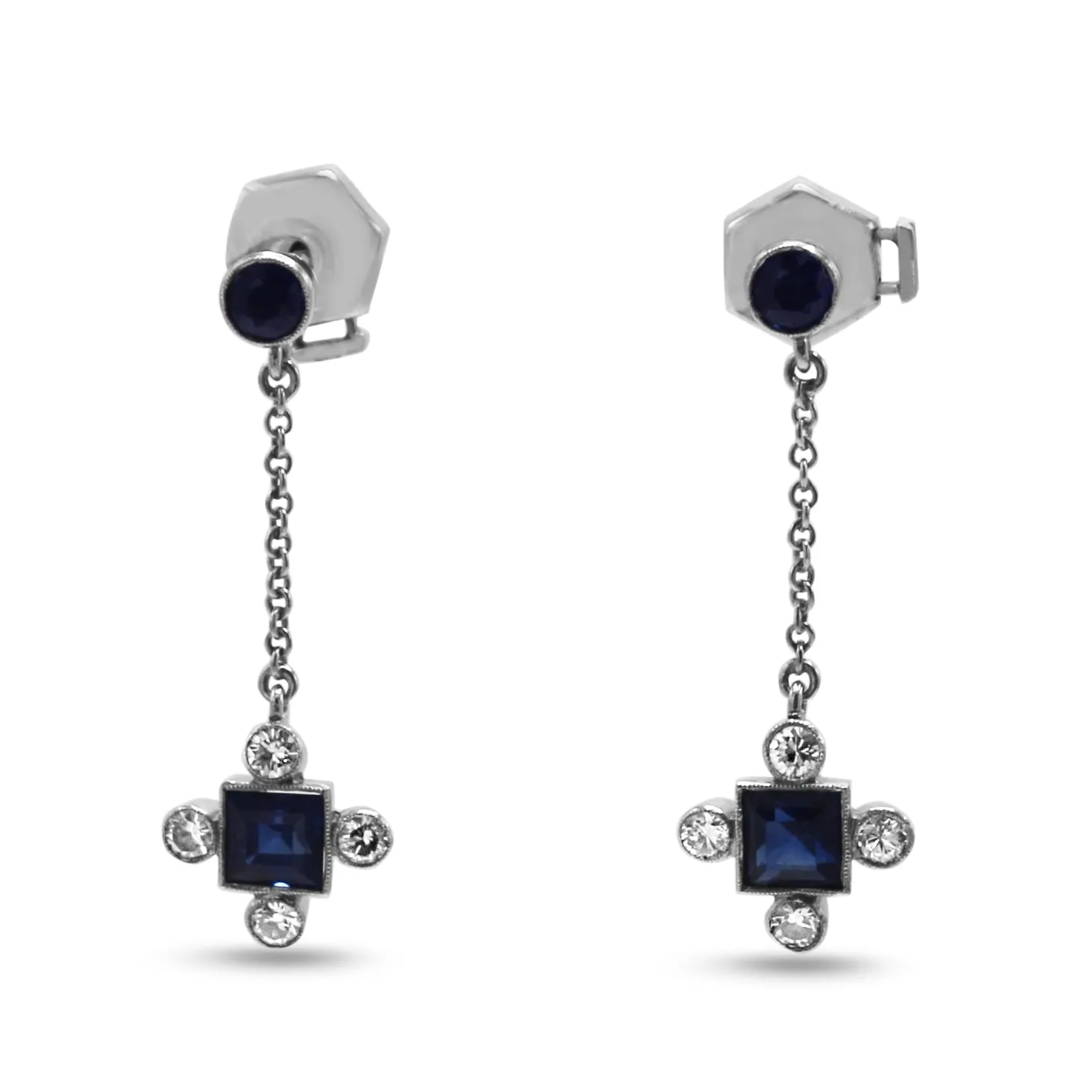 French Sapphire & Diamond Drop Earrings Circa 1940's