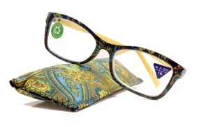 Frida, (Premium) Reading Glasses, High End Readers  1.25 ..  3 Magnifying Eyeglasses, Square Optical Frame (Yellow) Paisley. NY Fifth Avenue