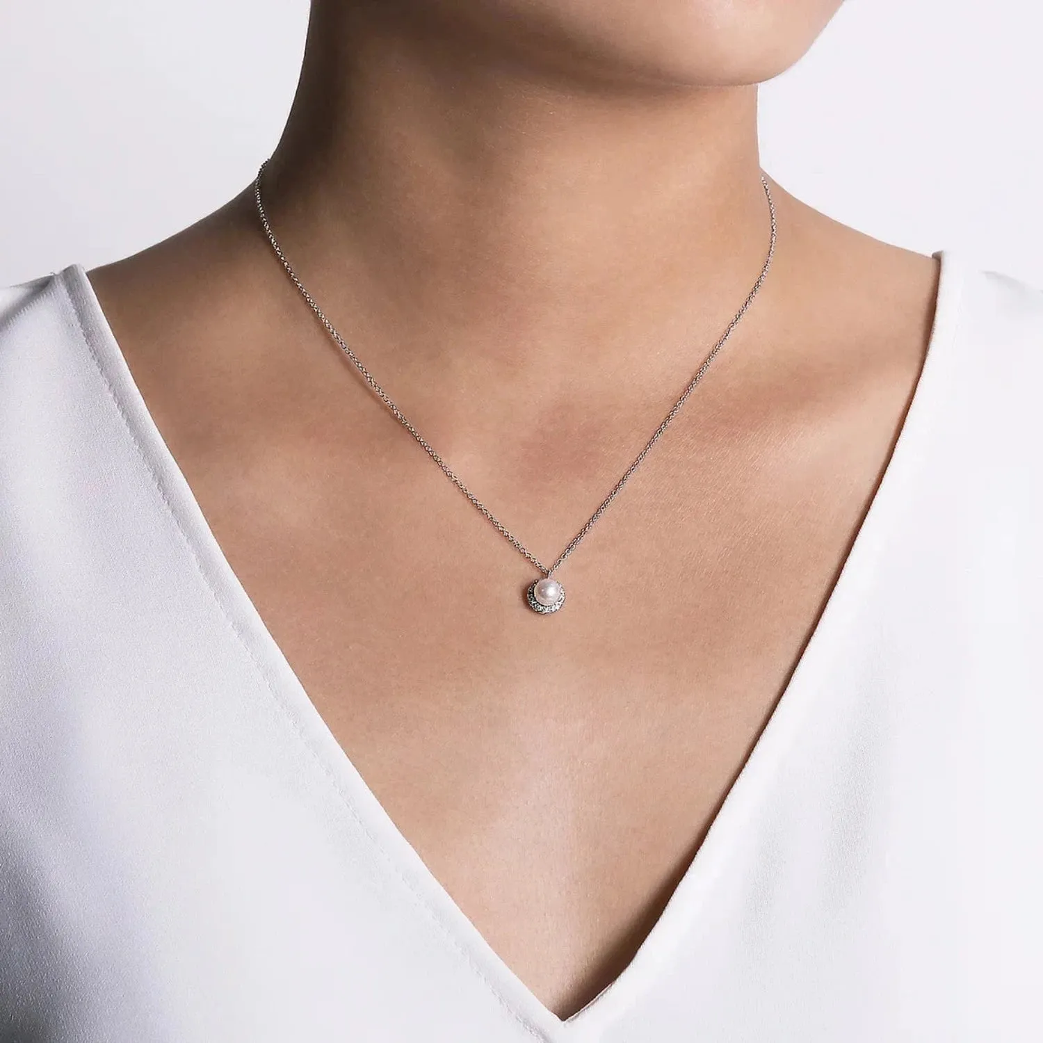 Gabriel & Co. Round Cultured Pearl and Diamond Halo Pendant Necklace