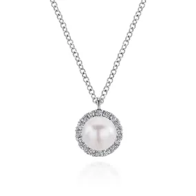 Gabriel & Co. Round Cultured Pearl and Diamond Halo Pendant Necklace