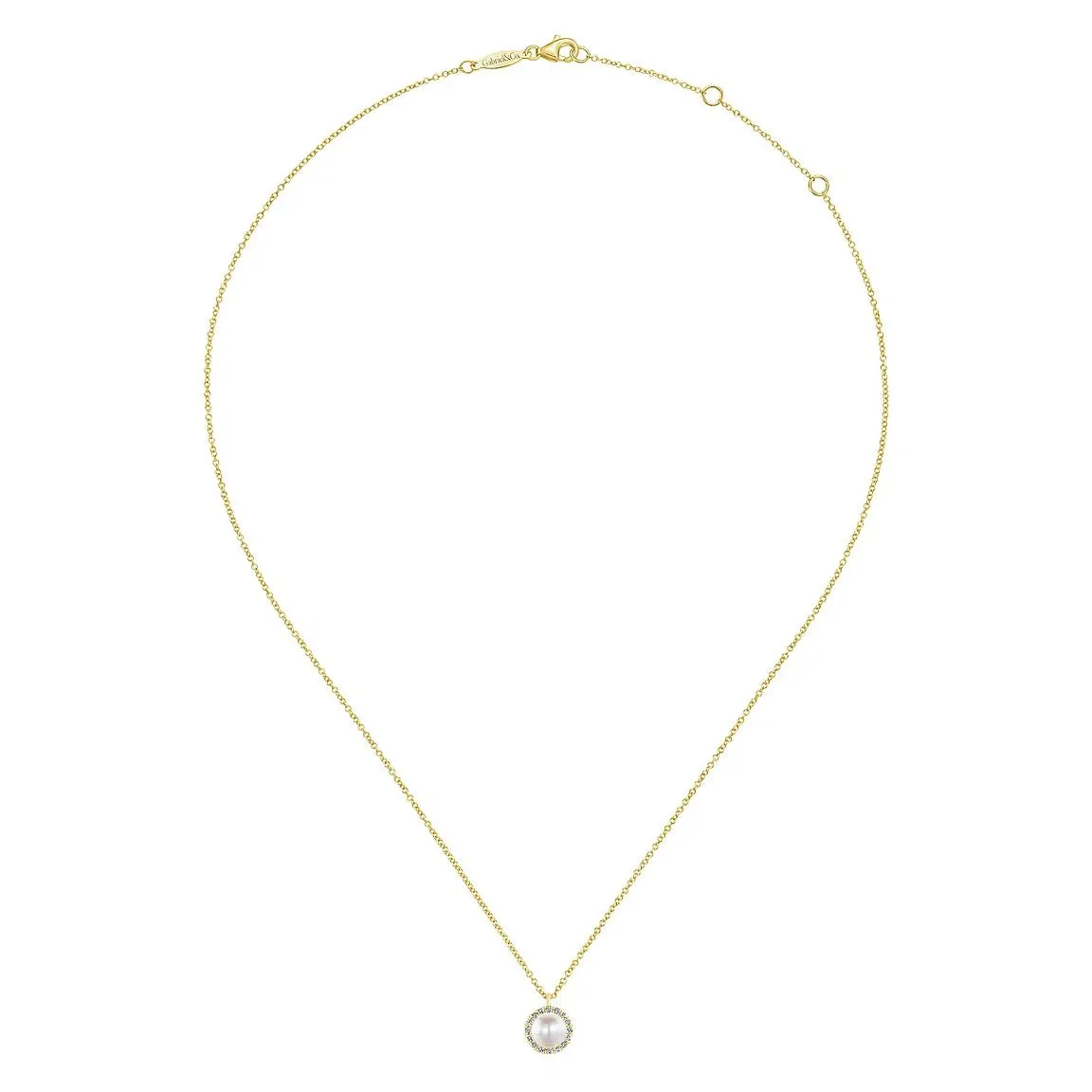 Gabriel & Co. Round Cultured Pearl and Diamond Halo Pendant Necklace