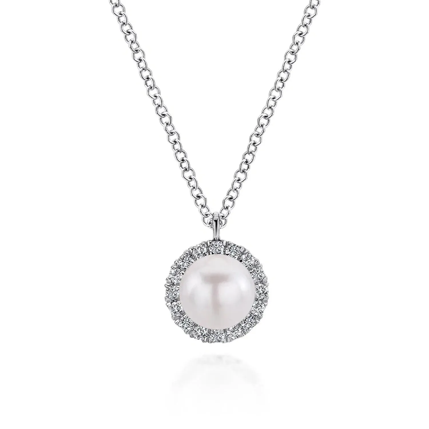 Gabriel & Co. Round Cultured Pearl and Diamond Halo Pendant Necklace