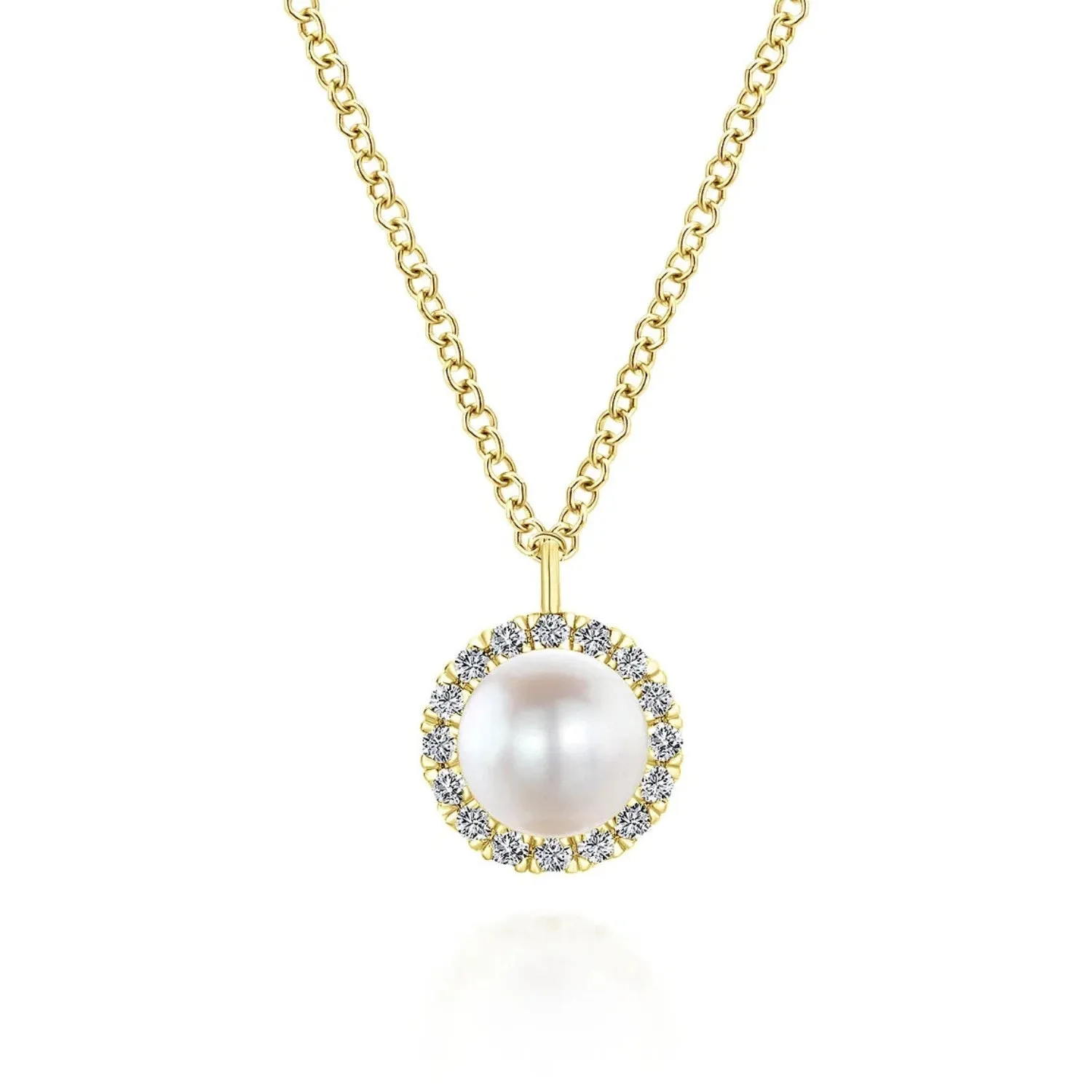 Gabriel & Co. Round Cultured Pearl and Diamond Halo Pendant Necklace