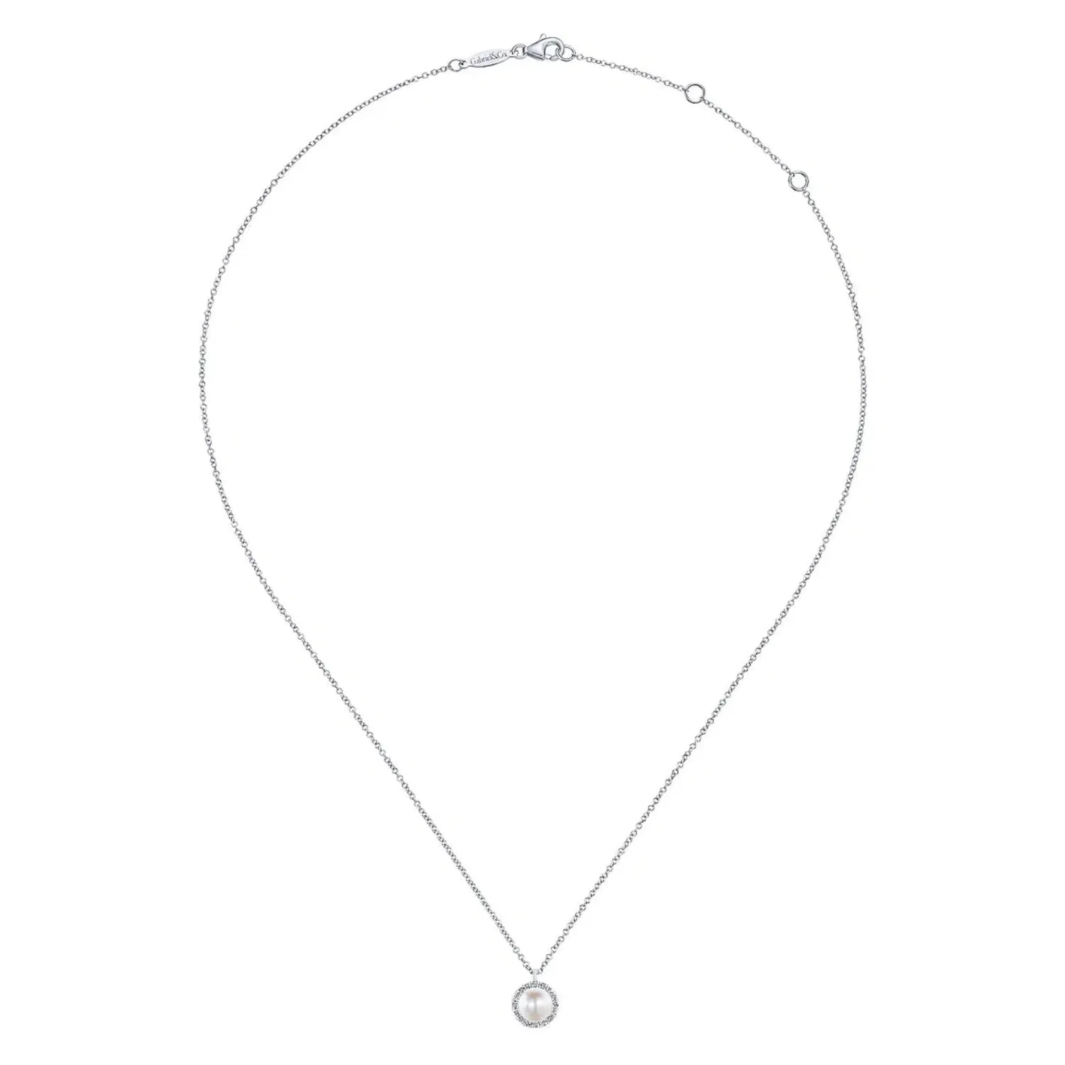 Gabriel & Co. Round Cultured Pearl and Diamond Halo Pendant Necklace