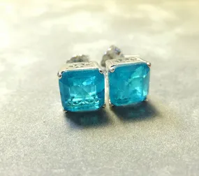 Genuine Neon Aqua Blue Paraiba Tourmaline Stud Earrings in Sterling Silver