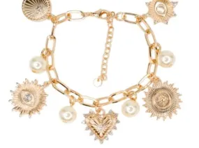 Gold Chain Bracelet with Starburst, Heart, Pearl Charms