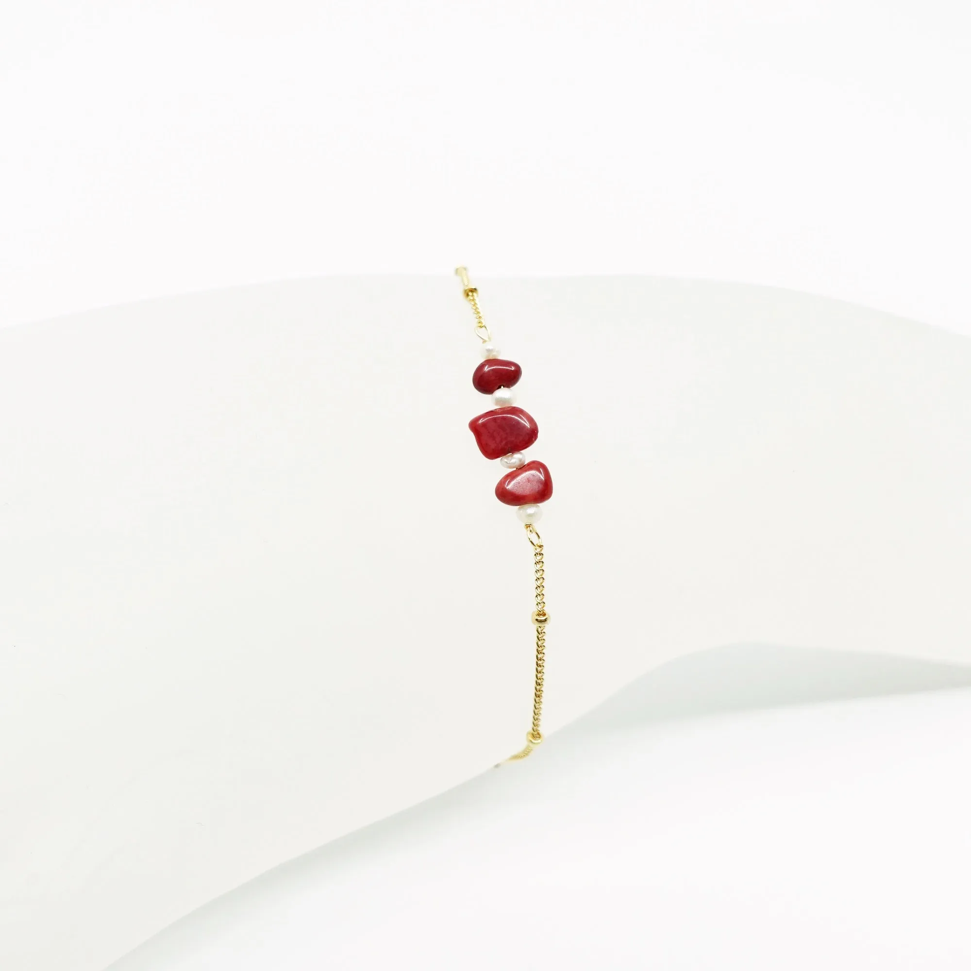 Gold Filled Red Coral Chips and Seed Pearl Bracelet