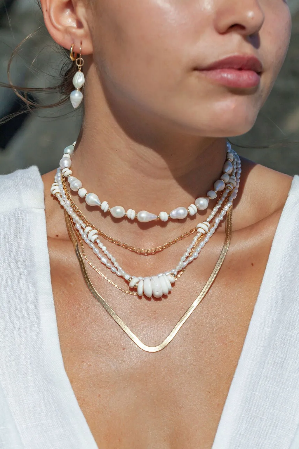 Gold Puka Shell Pearl Bead Necklace - Maka