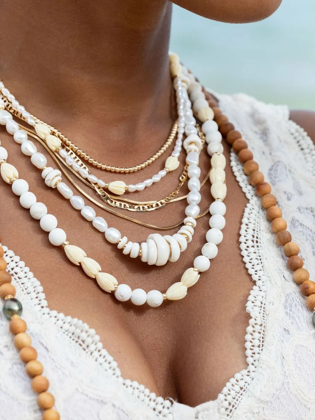 Gold Puka Shell Pearl Bead Necklace - Maka