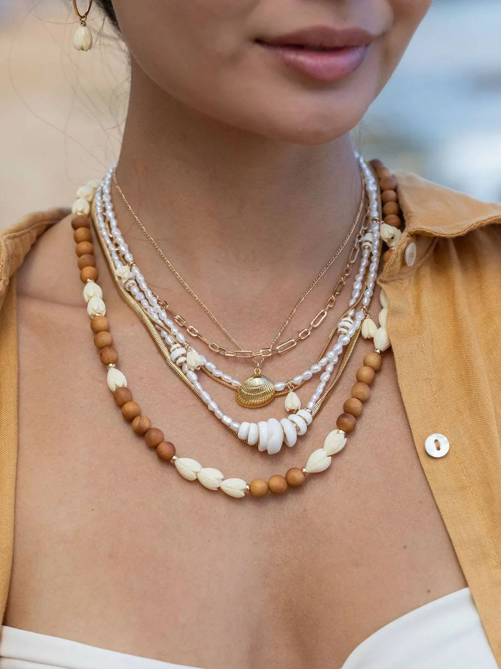 Gold Puka Shell Pearl Bead Necklace - Maka