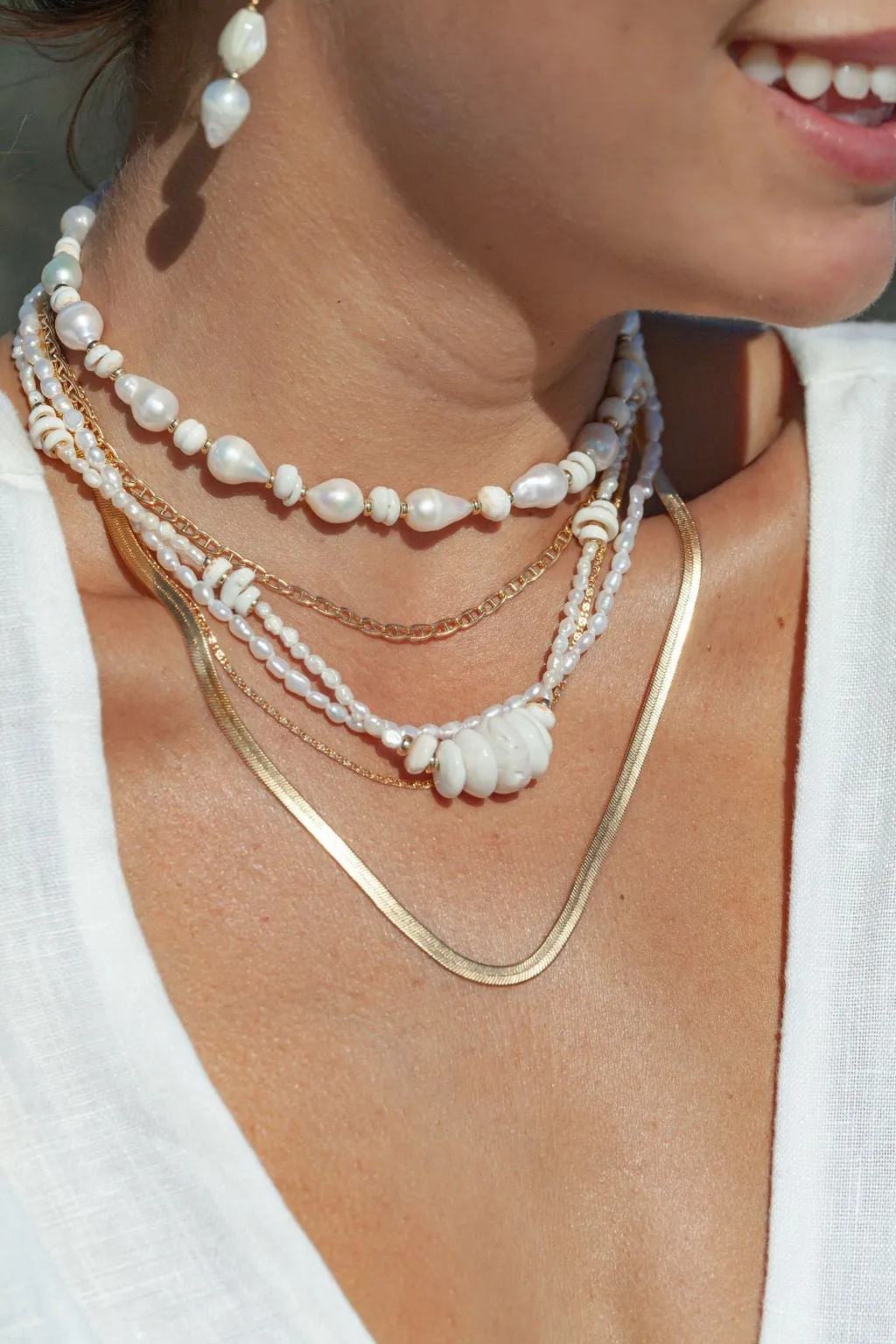 Gold Puka Shell Pearl Bead Necklace - Maka