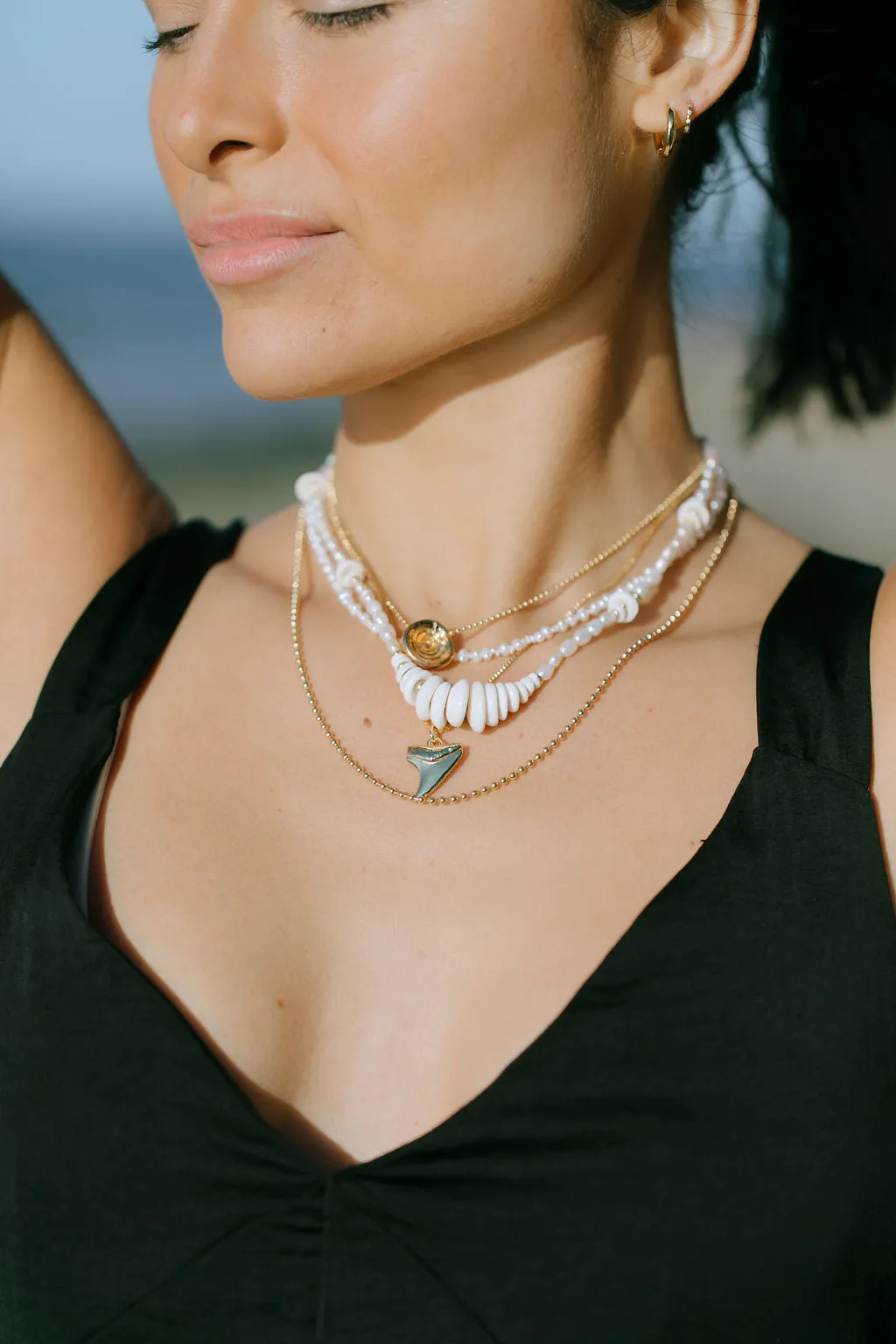 Gold Puka Shell Pearl Bead Necklace - Maka