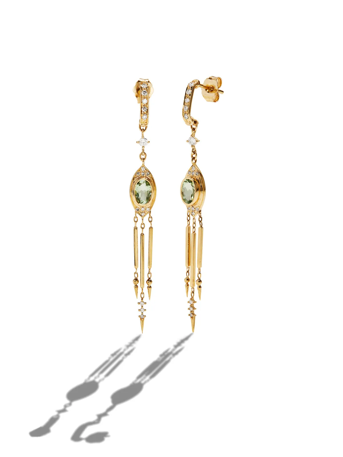 Green Tourmaline & Diamond Totem Yellow Gold Earrings