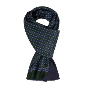 Green with Light Blue Flowers Silk Scarf