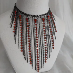 Gunmetal color high quality stainless steel  tassel red rhinestone statement necklace