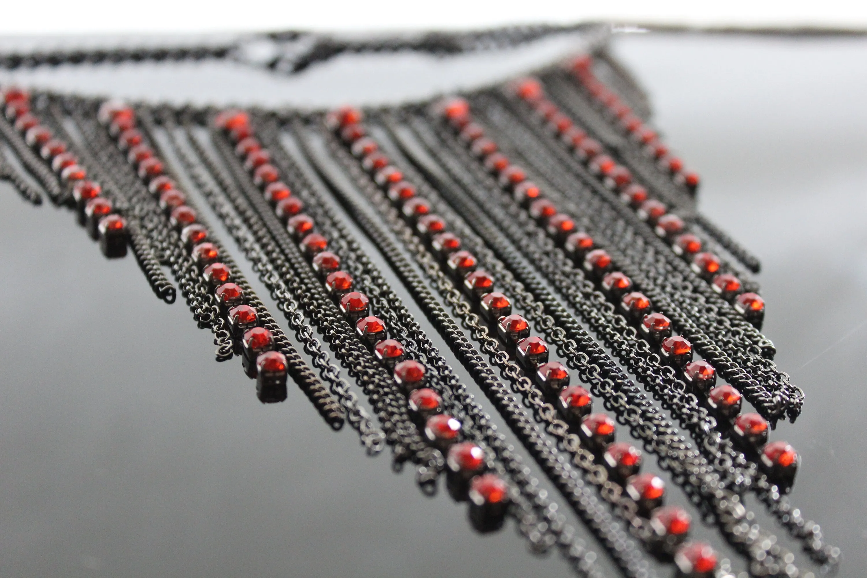 Gunmetal color high quality stainless steel  tassel red rhinestone statement necklace