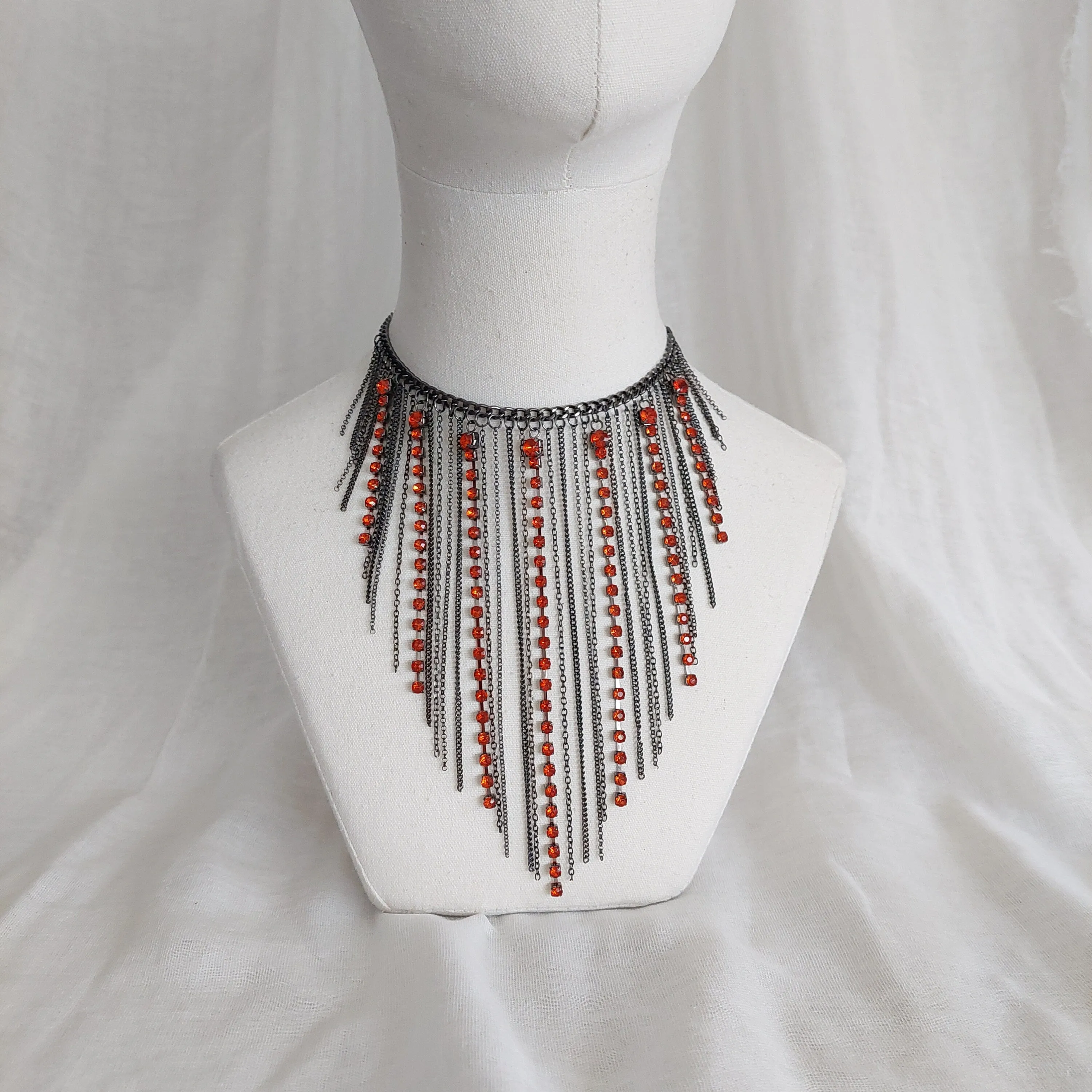 Gunmetal color high quality stainless steel  tassel red rhinestone statement necklace