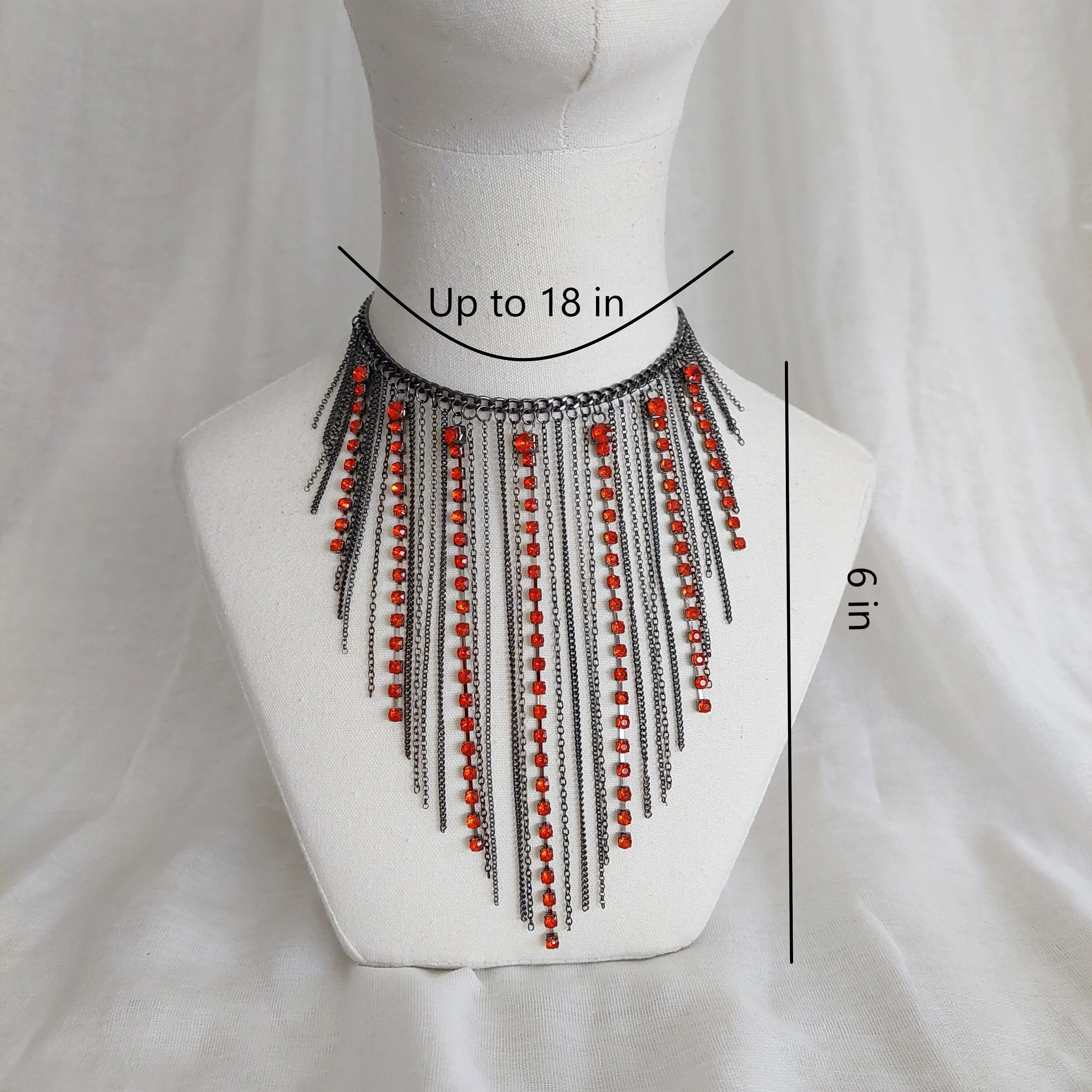 Gunmetal color high quality stainless steel  tassel red rhinestone statement necklace