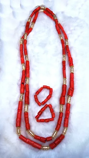 His Emperor Majesty Oba King Extra Long 100% Traditional Coral Beads African Nigerian Embelished Necklace Jewellery Set