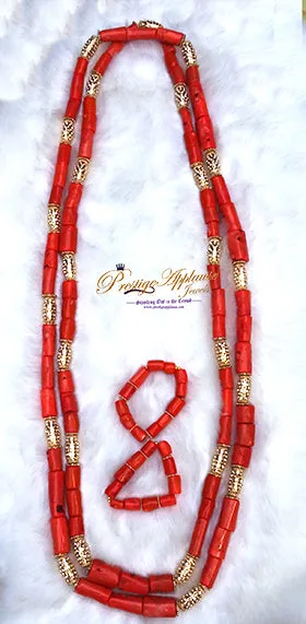 His Emperor Majesty Oba King Extra Long 100% Traditional Coral Beads African Nigerian Embelished Necklace Jewellery Set