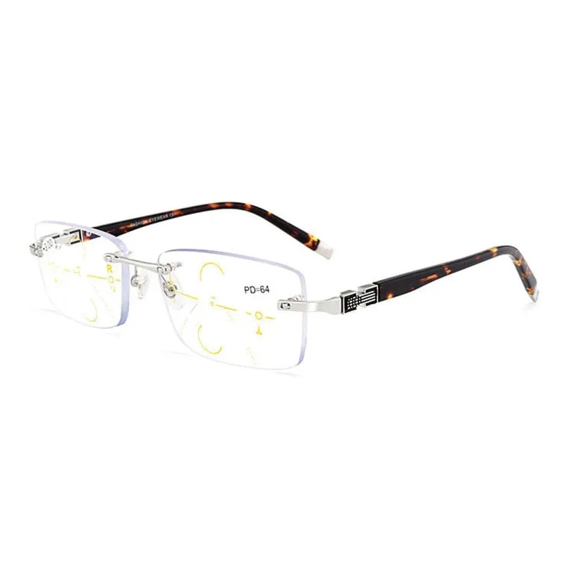 Hotochki Men's Rimless Titanium Alloy Frame Progressive Reading Glasses Anti Blue Light 656