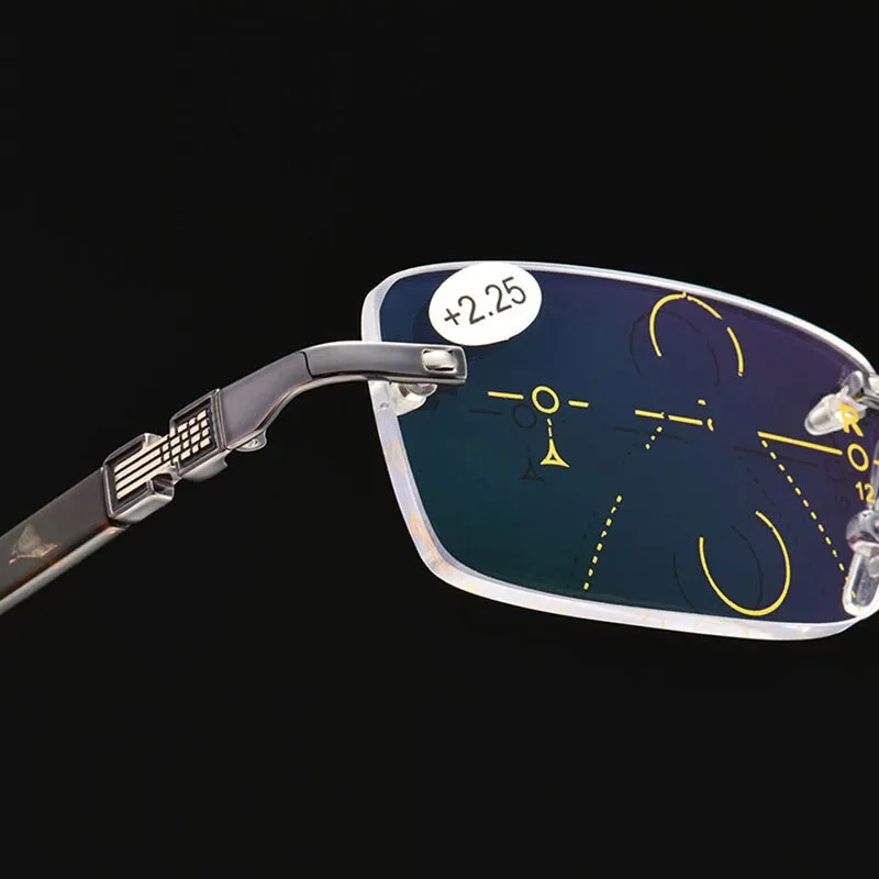 Hotochki Men's Rimless Titanium Alloy Frame Progressive Reading Glasses Anti Blue Light 656