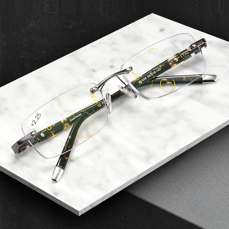 Hotochki Men's Rimless Titanium Alloy Frame Progressive Reading Glasses Anti Blue Light 656