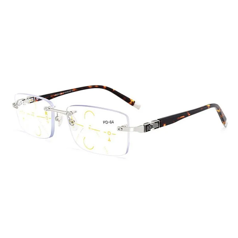 Hotochki Men's Rimless Titanium Alloy Frame Progressive Reading Glasses Anti Blue Light 656