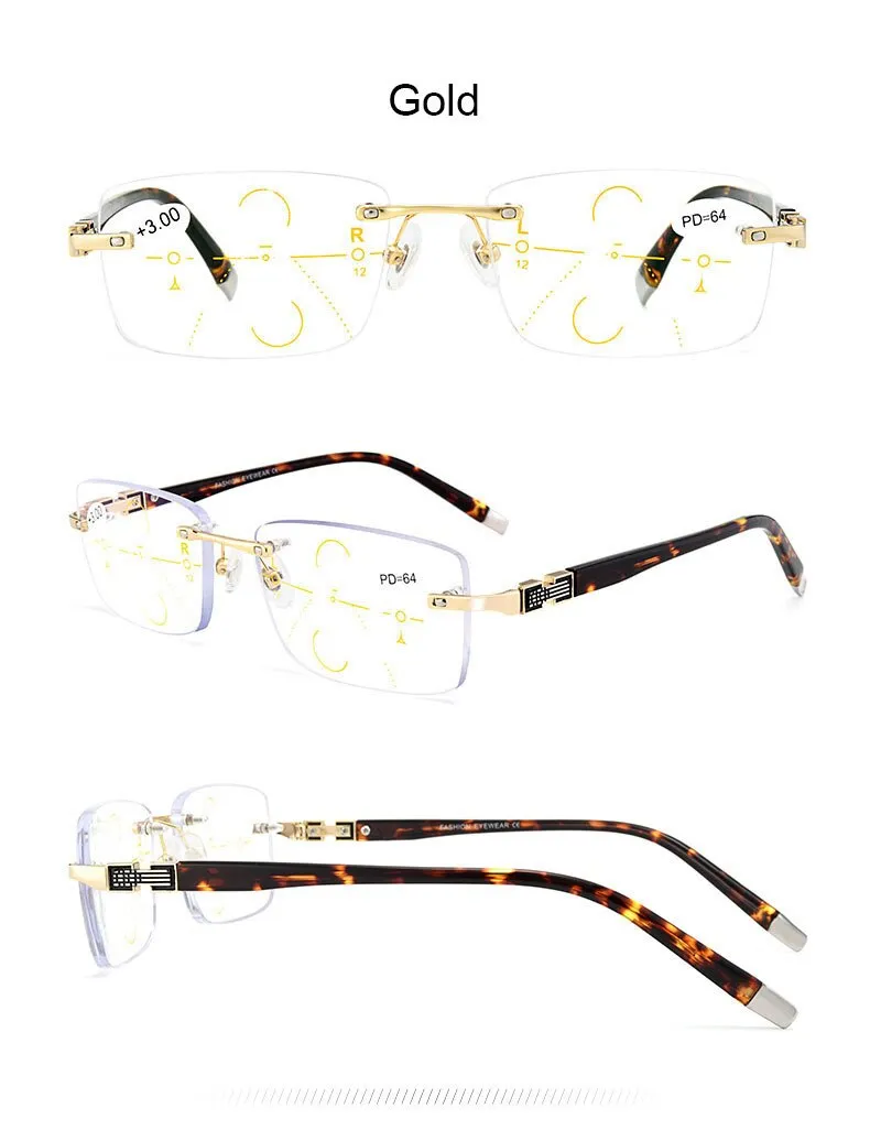 Hotochki Men's Rimless Titanium Alloy Frame Progressive Reading Glasses Anti Blue Light 656