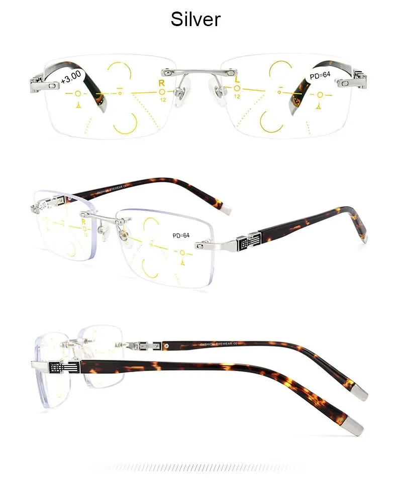 Hotochki Men's Rimless Titanium Alloy Frame Progressive Reading Glasses Anti Blue Light 656