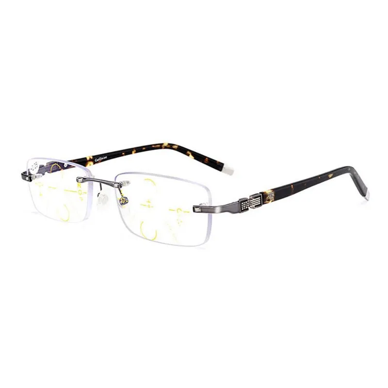 Hotochki Men's Rimless Titanium Alloy Frame Progressive Reading Glasses Anti Blue Light 656