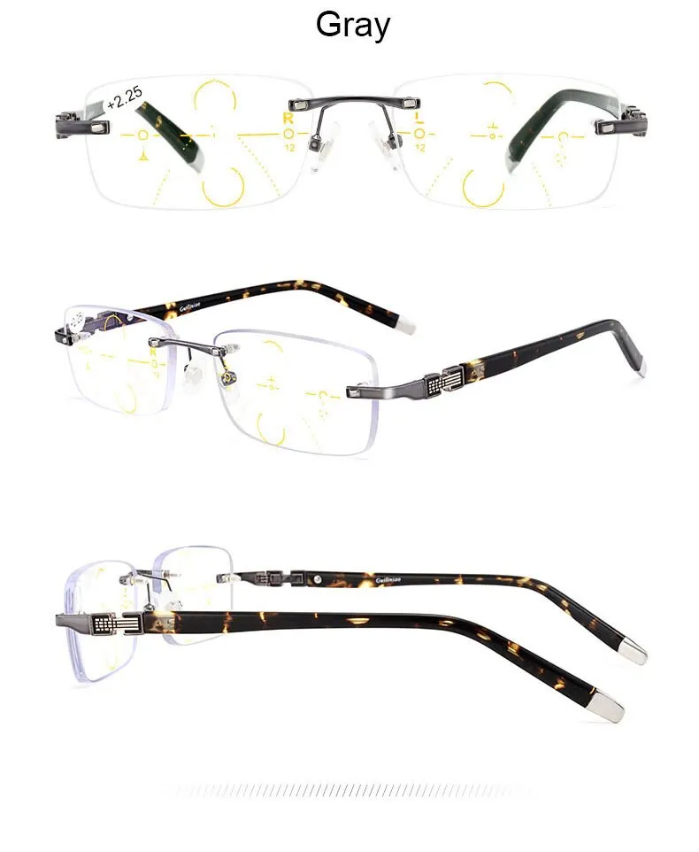 Hotochki Men's Rimless Titanium Alloy Frame Progressive Reading Glasses Anti Blue Light 656
