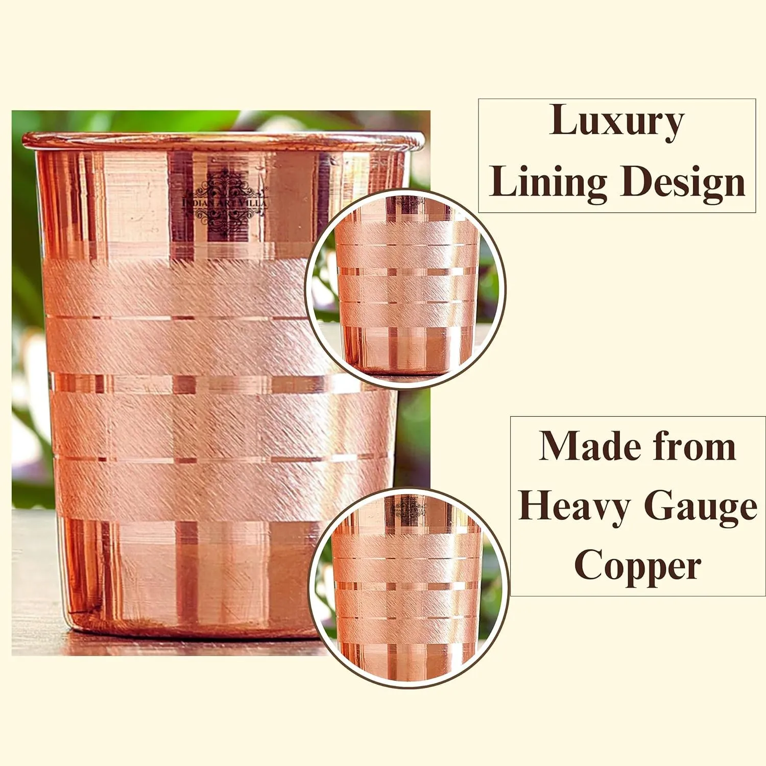 INDIAN ART VILLA Pure Copper Plain Glass with Luxury Design, Drinking Serving Water, Yoga Ayurveda, Volume-300 ml, Pack of 2